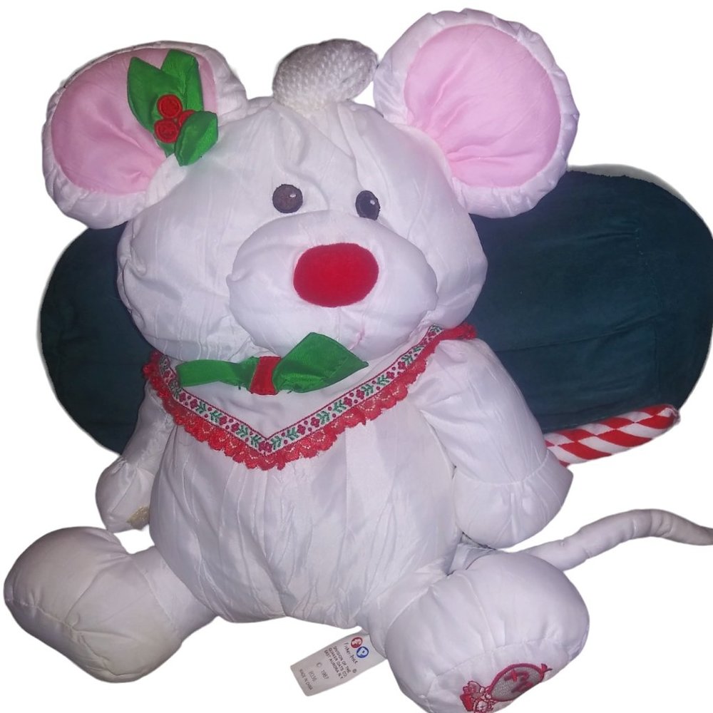 VTG Fisher Price PUFFALUMP Holiday White Mouse Candy Cane Stuffed Plush Toy 1987